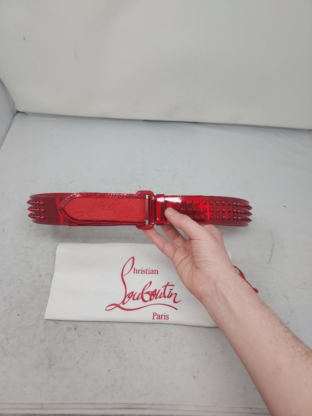 Christian Louboutin MENS LOUBI Red Logo Spike Studded Leather Belt